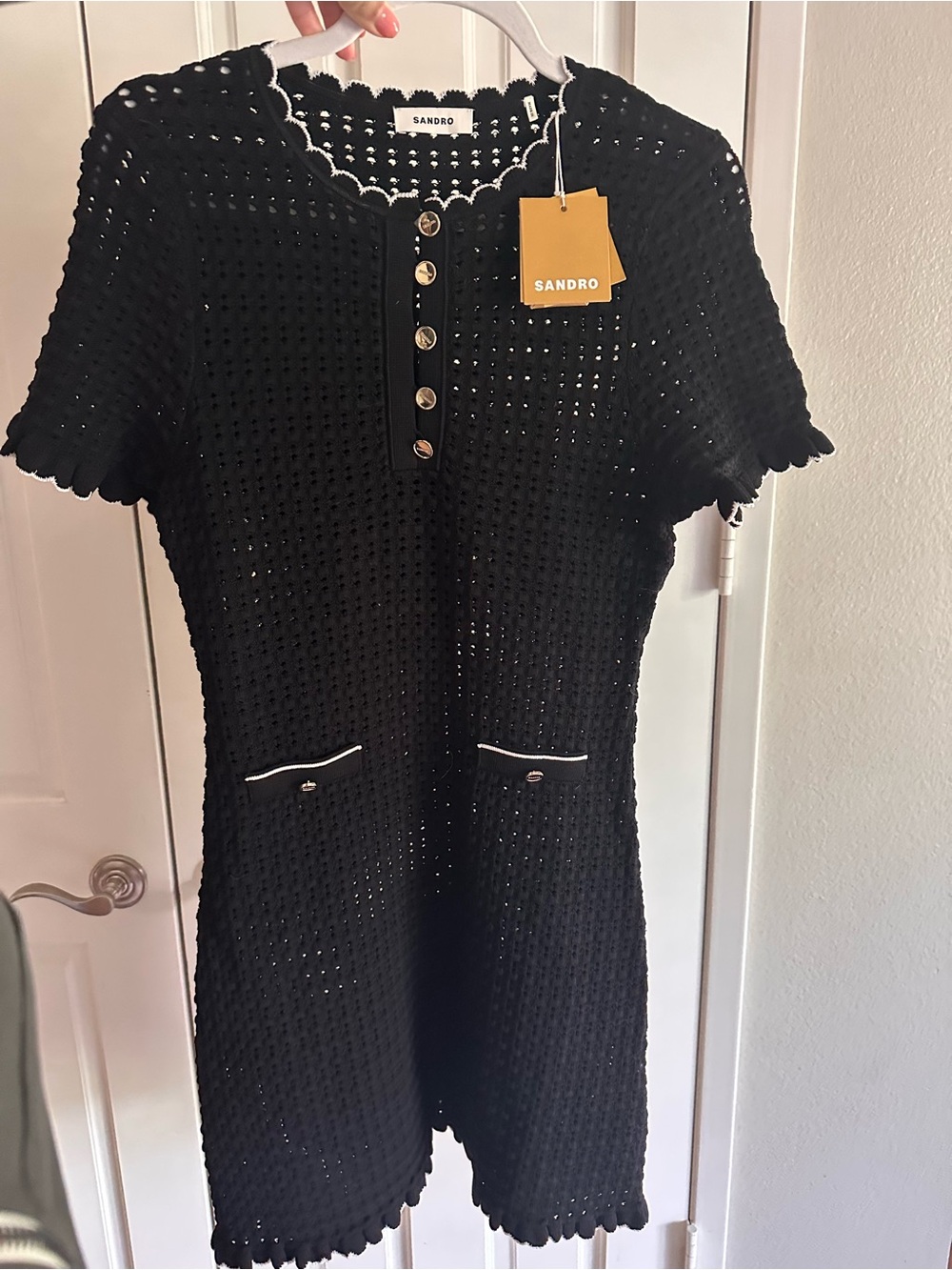 Sandro Black Crochet Short-Sleeve Dress with White Trim